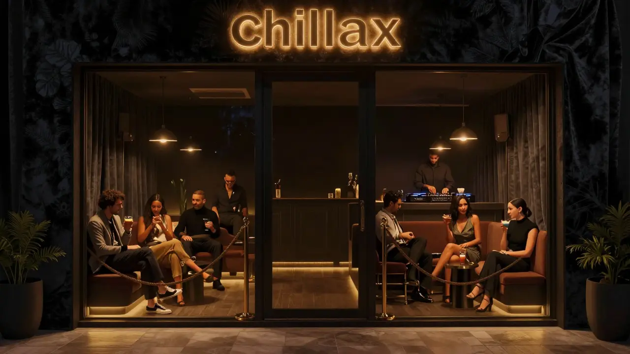 A hidden lounge with velvet curtains and dim lighting, where people relax in smart casual attire.