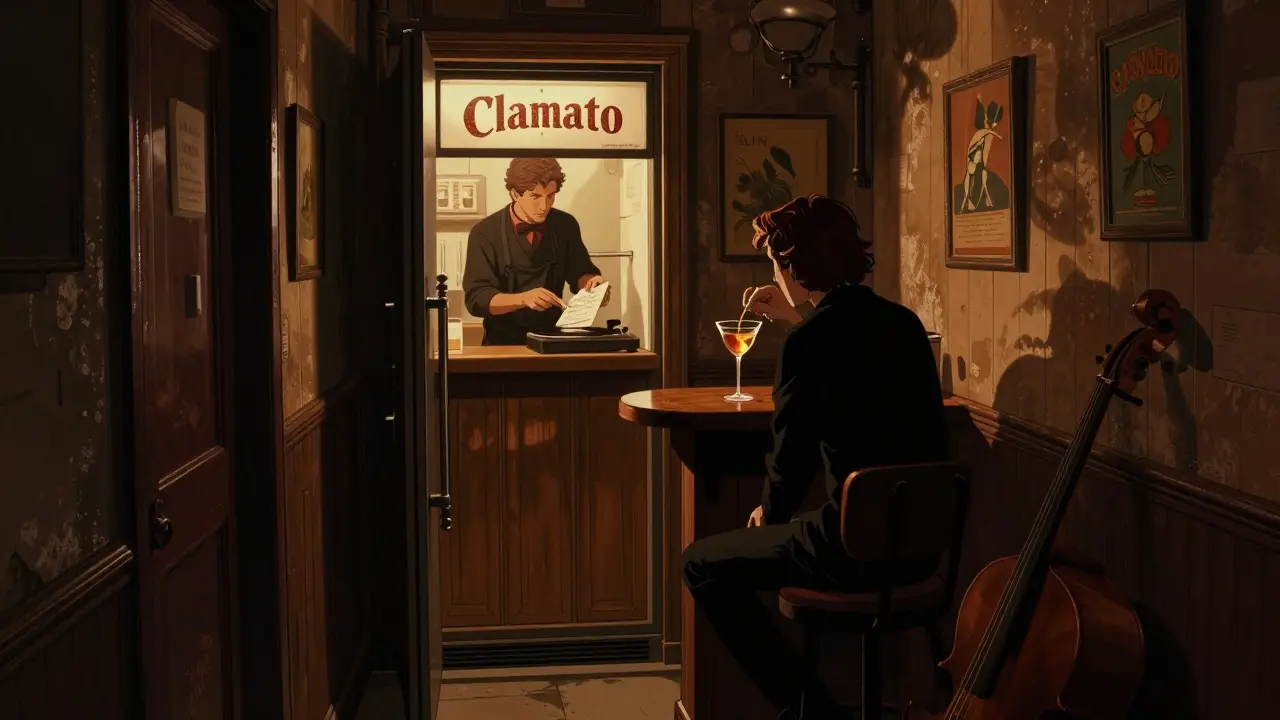 A hidden speakeasy bar with warm wood tones, a bartender handing a note to a guest.