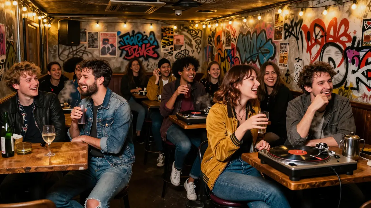 A lively basement bar in Belleville at dawn, people laughing together over wine and vinyl records.