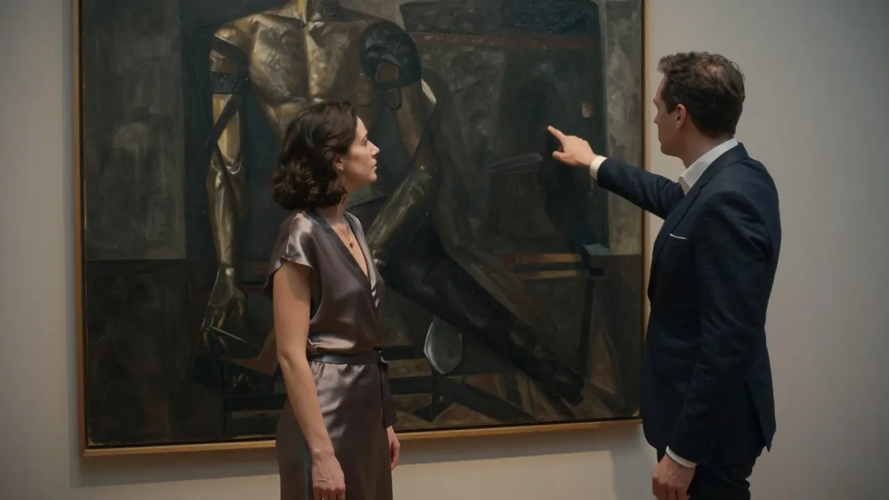 A man and woman stand quietly before a Kiefer painting in a private Berlin art gallery.