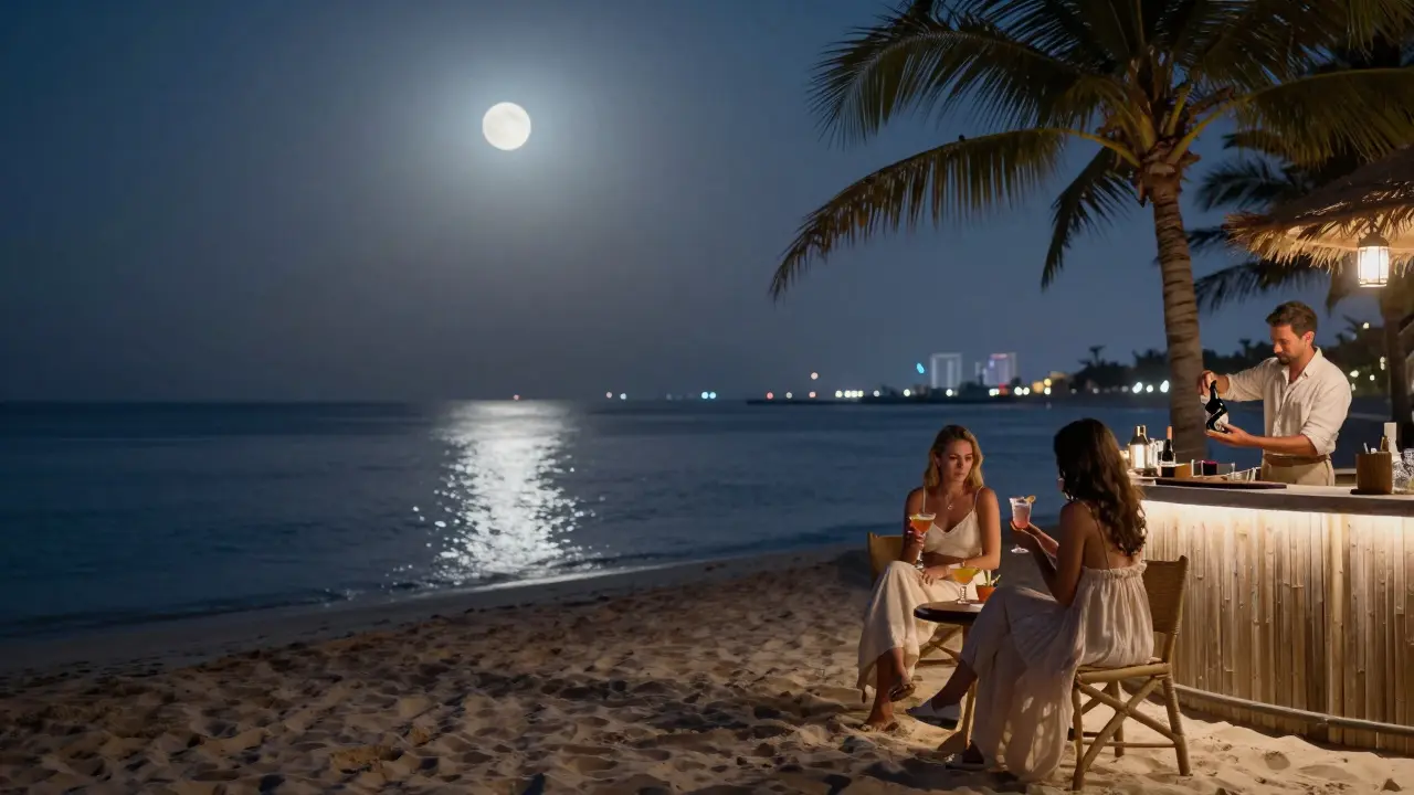 A moonlit beach club at night with elegant guests, soft lights, and the sea glowing under the full moon.