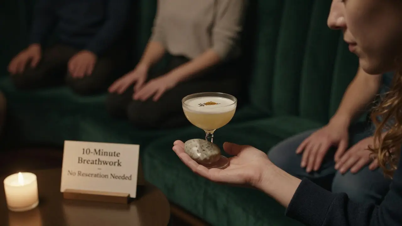A person holding a stone while drinking a grounding cocktail, guided breathwork in dim, serene light.