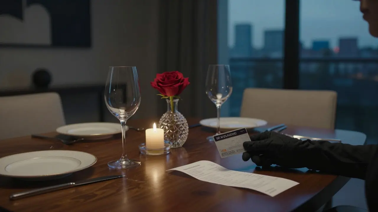 A private dining setting in a Milan villa with wine glasses, a prepaid card, and candlelight, no people shown.
