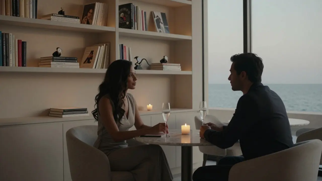 A quiet evening lounge with two silhouettes at a marble table, candlelight glowing.