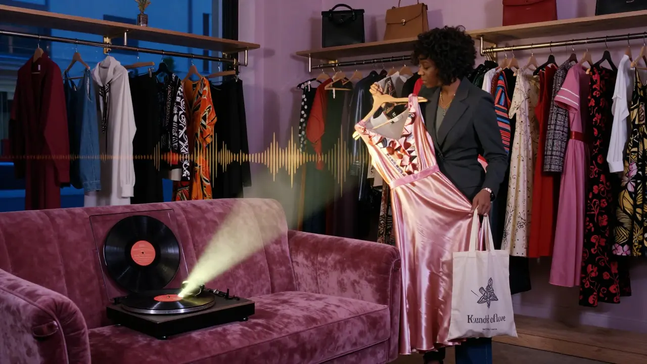 A quiet Notting Hill boutique at night with a vintage dress and vinyl record under warm light, jazz vibes in the air.