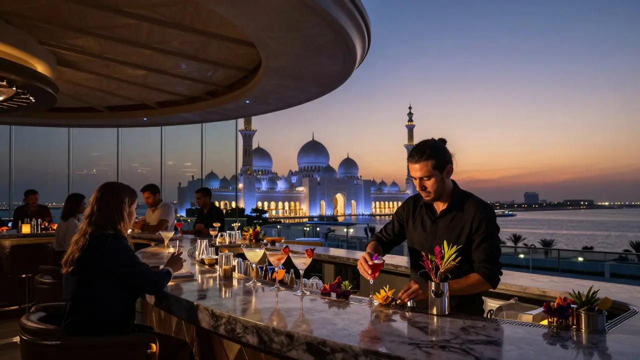 A rooftop bar with panoramic city and mosque views as guests sip gin cocktails during twilight.