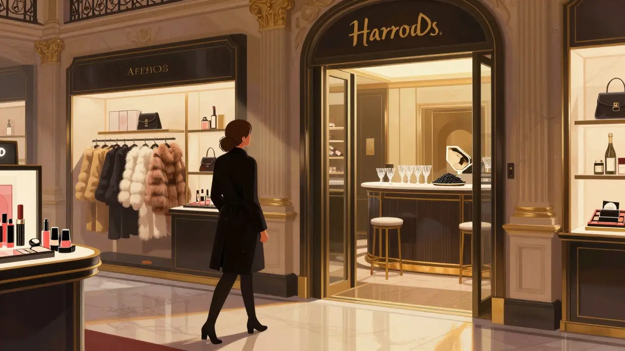 A shopper being assisted by a stylist in Harrods' luxurious Beauty Hall, soft lights highlighting perfumes and fur coats.