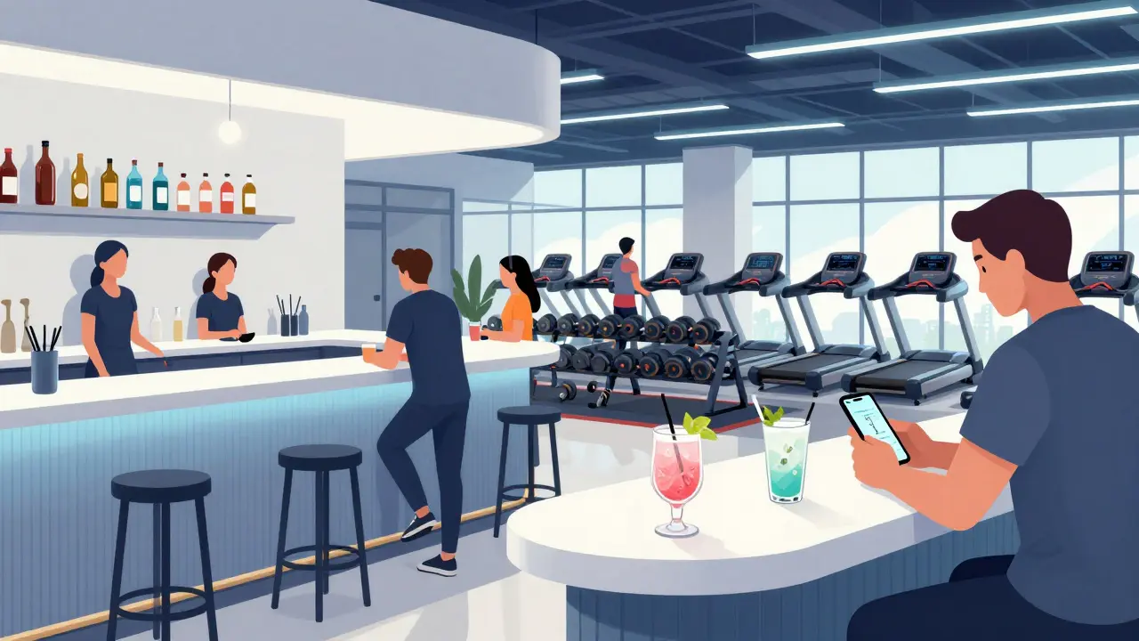 A split-space venue with a gym on one side and a minimalist bar on the other.