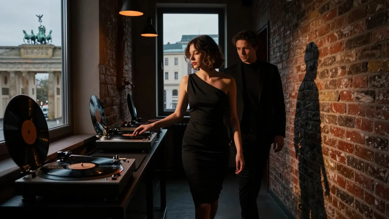 A stylish woman leads a man through a dim jazz club in Mitte, with the Brandenburg Gate visible in the distance.