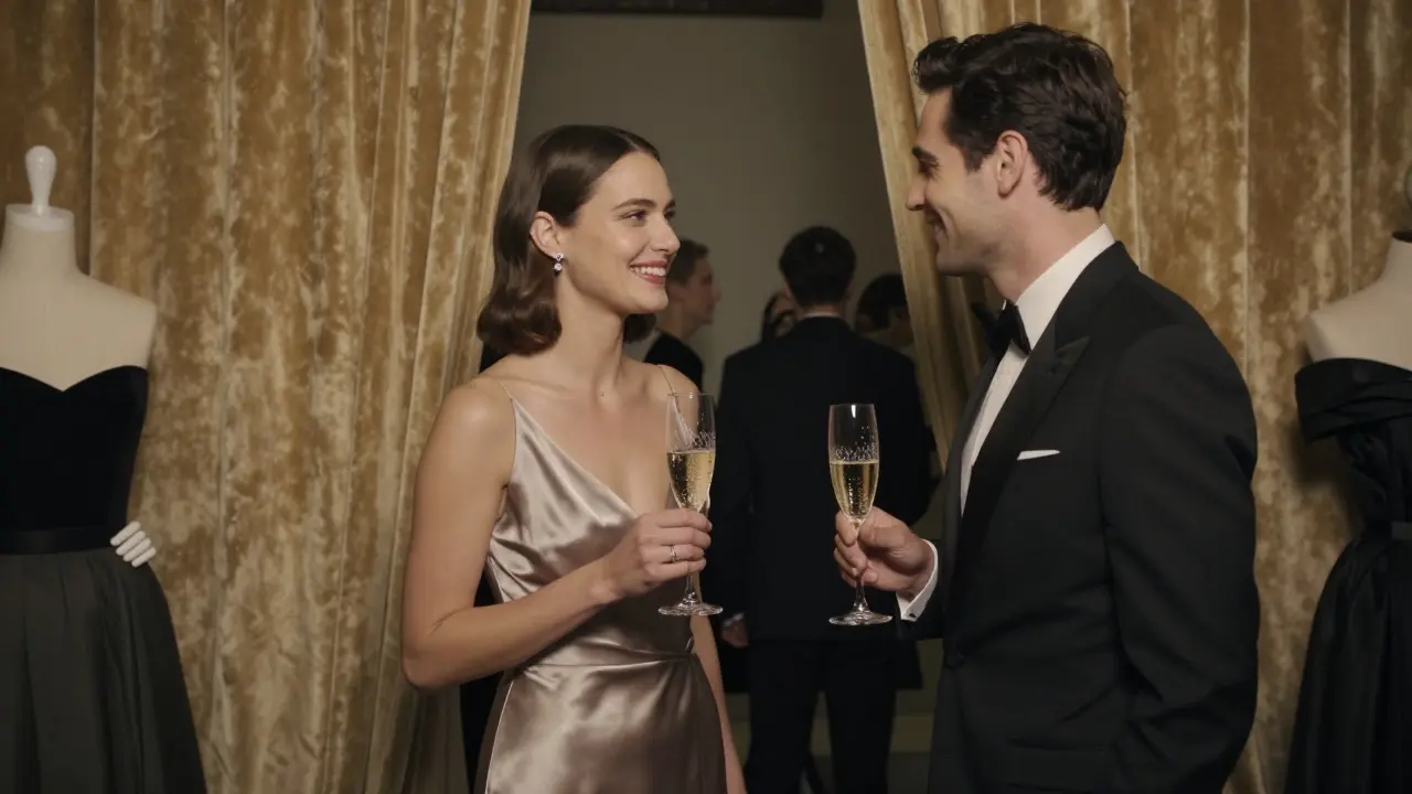 A VIP guest at a Prada fashion show backstage, sipping champagne in quiet celebration.