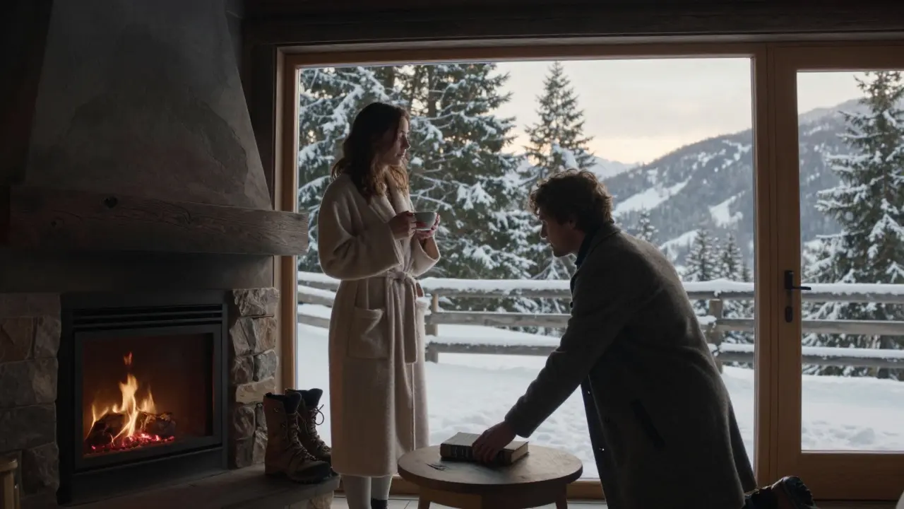 A woman and companion enjoying peaceful morning solitude in a snowy alpine chalet.