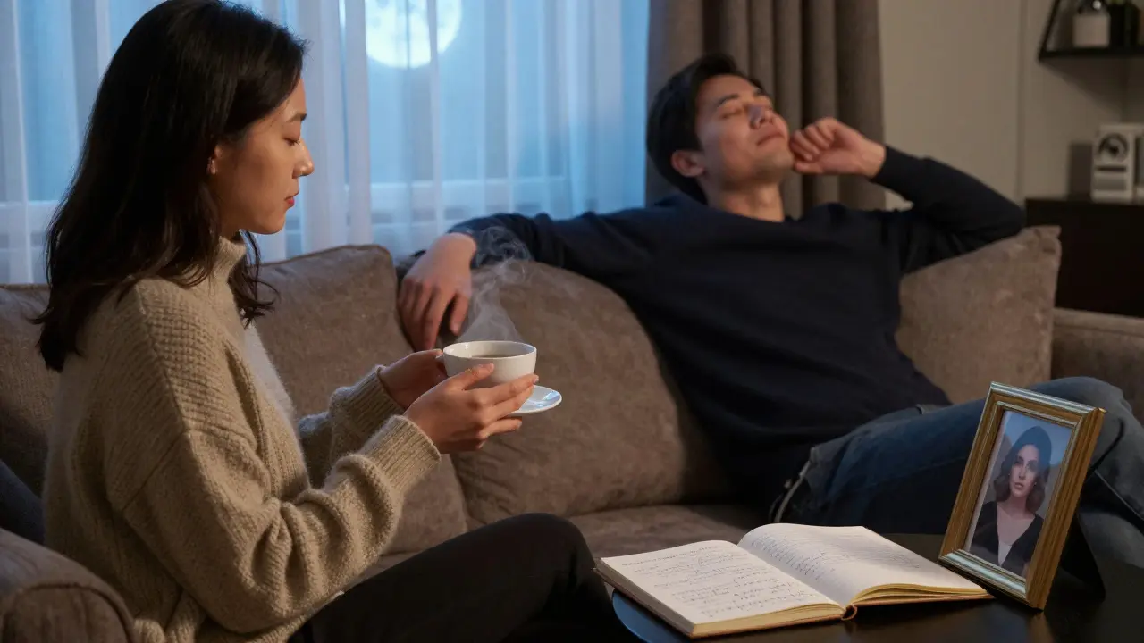 A woman and man in a cozy apartment lounge, sharing a peaceful moment with tea and books nearby.