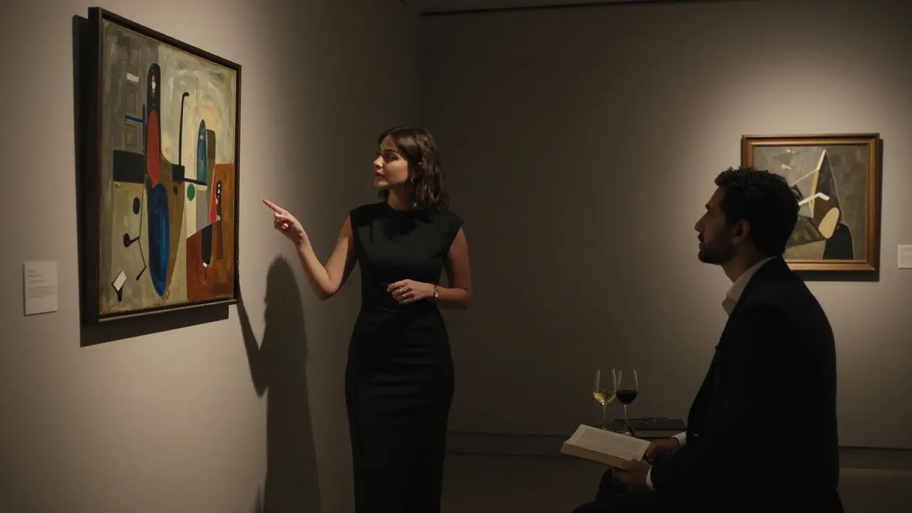 A woman engaging thoughtfully with art in a Dubai gallery, accompanied by a listener in a refined, intimate setting.