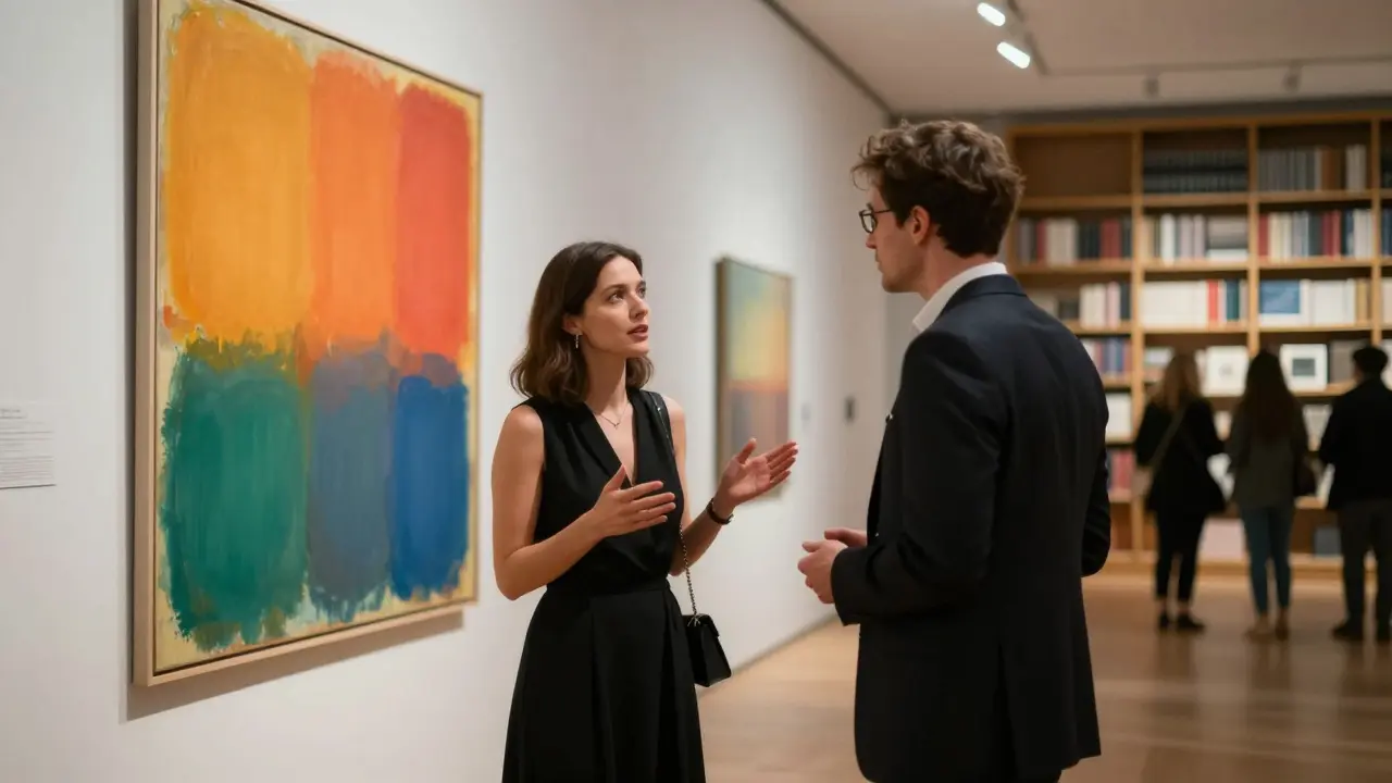 A woman explaining an abstract painting to a client in a London art gallery, both immersed in quiet understanding.