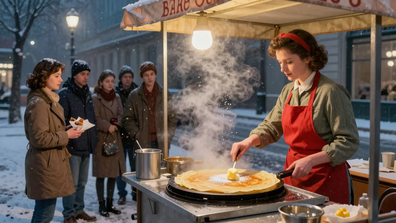 A woman flips crêpes at a midnight cart outside a train station, customers waiting in line.