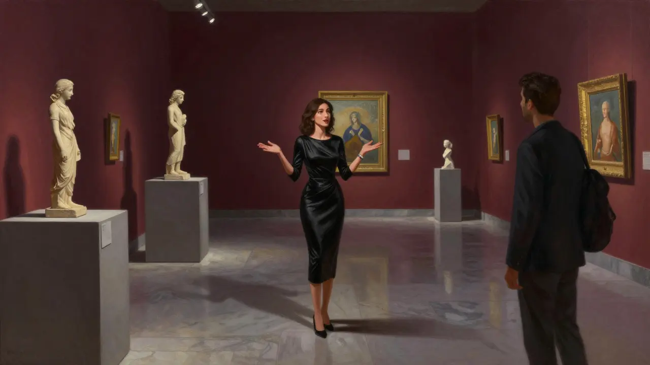 A woman guiding a man through the Louvre Abu Dhabi after hours.