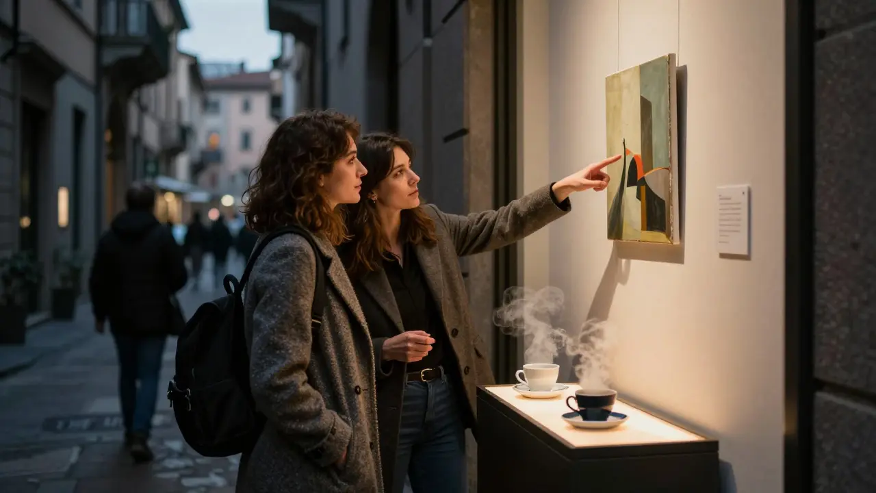 A woman guiding a tourist through a hidden art gallery in Milan at night.