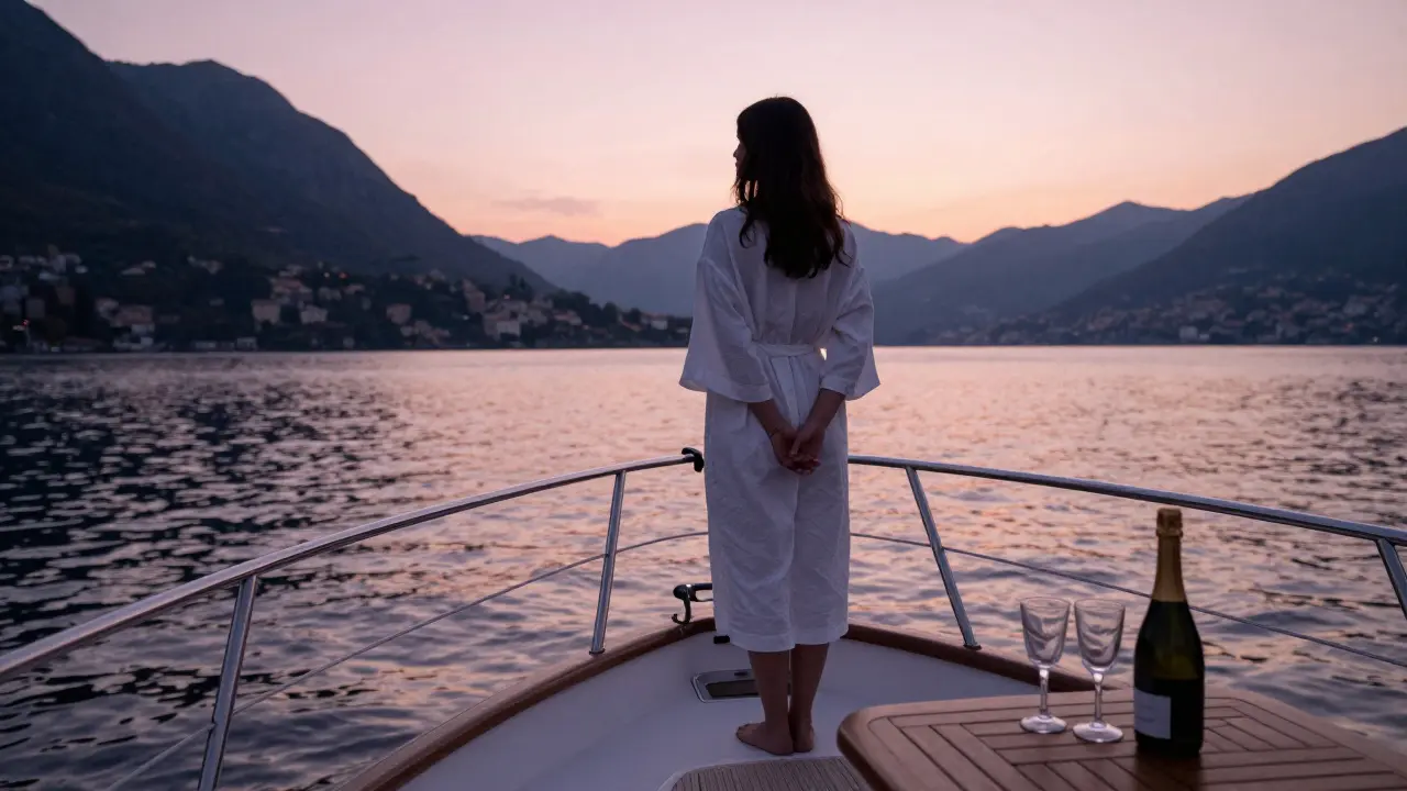 A woman in a white robe standing on a luxury yacht at sunset on Lake Como.