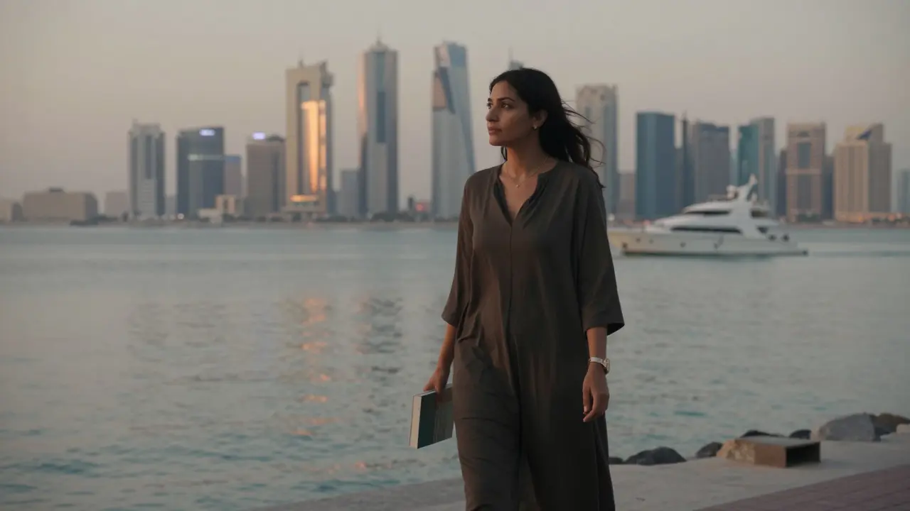 A woman walking along Abu Dhabi's Corniche at dusk, holding a book, with the skyline reflected in the water.