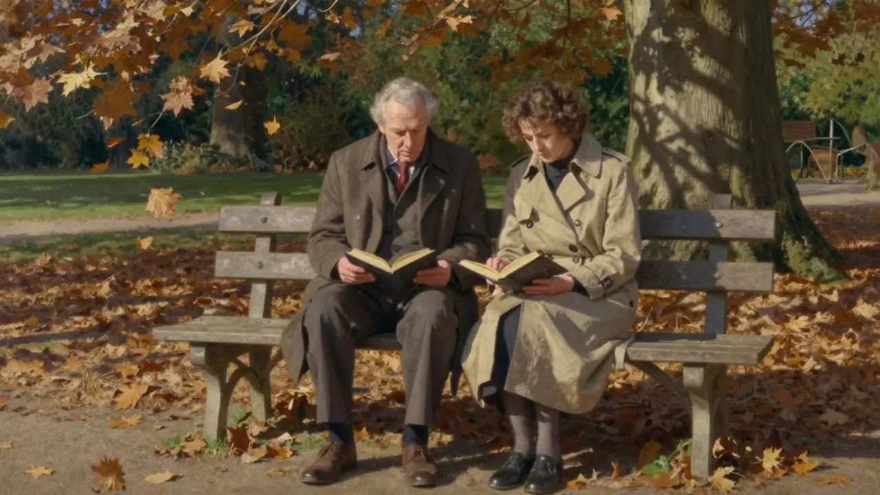 An elderly man and woman read together in silence on a bench in Luxembourg Gardens, autumn leaves falling around them.