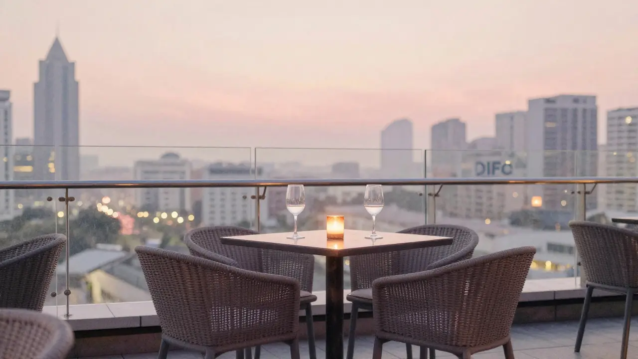 An empty rooftop bar at dawn in Dubai, two wine glasses and a dying candle, evoking quiet companionship and solitude.