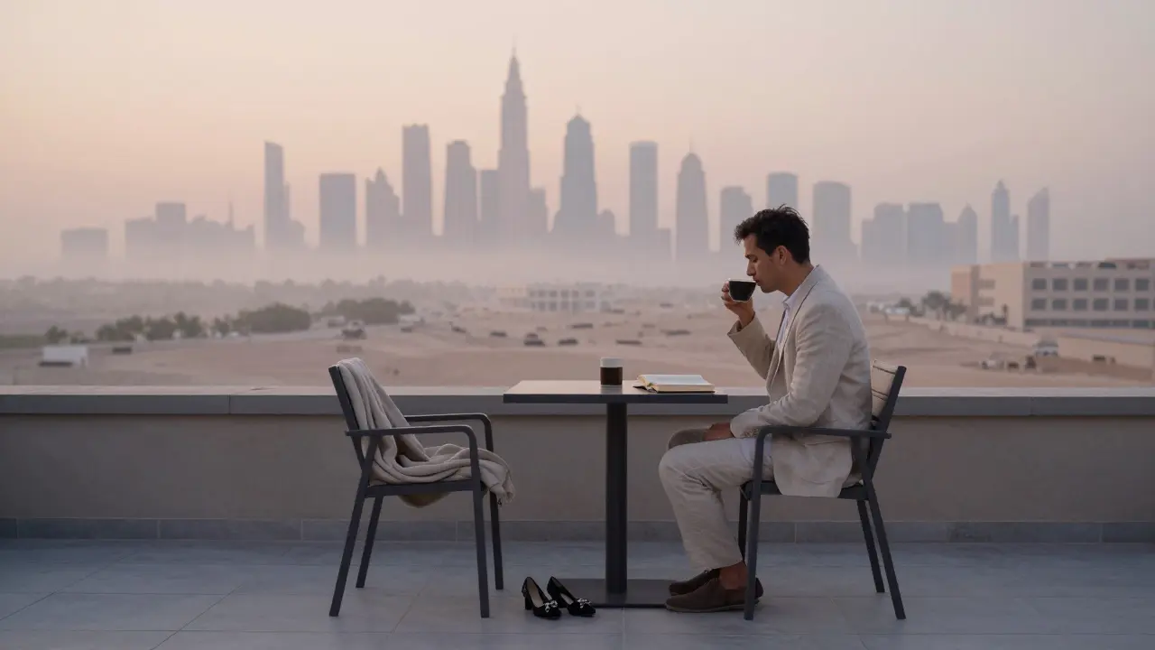 An empty rooftop chair beside a coffee cup at sunrise, overlooking Dubai's skyline.