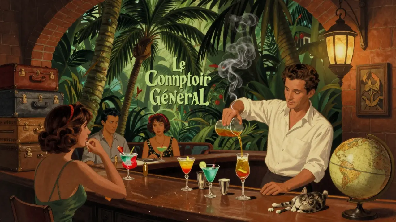 An intimate jungle bar with palm trees and antique suitcases, patrons sipping exotic cocktails under lantern light.