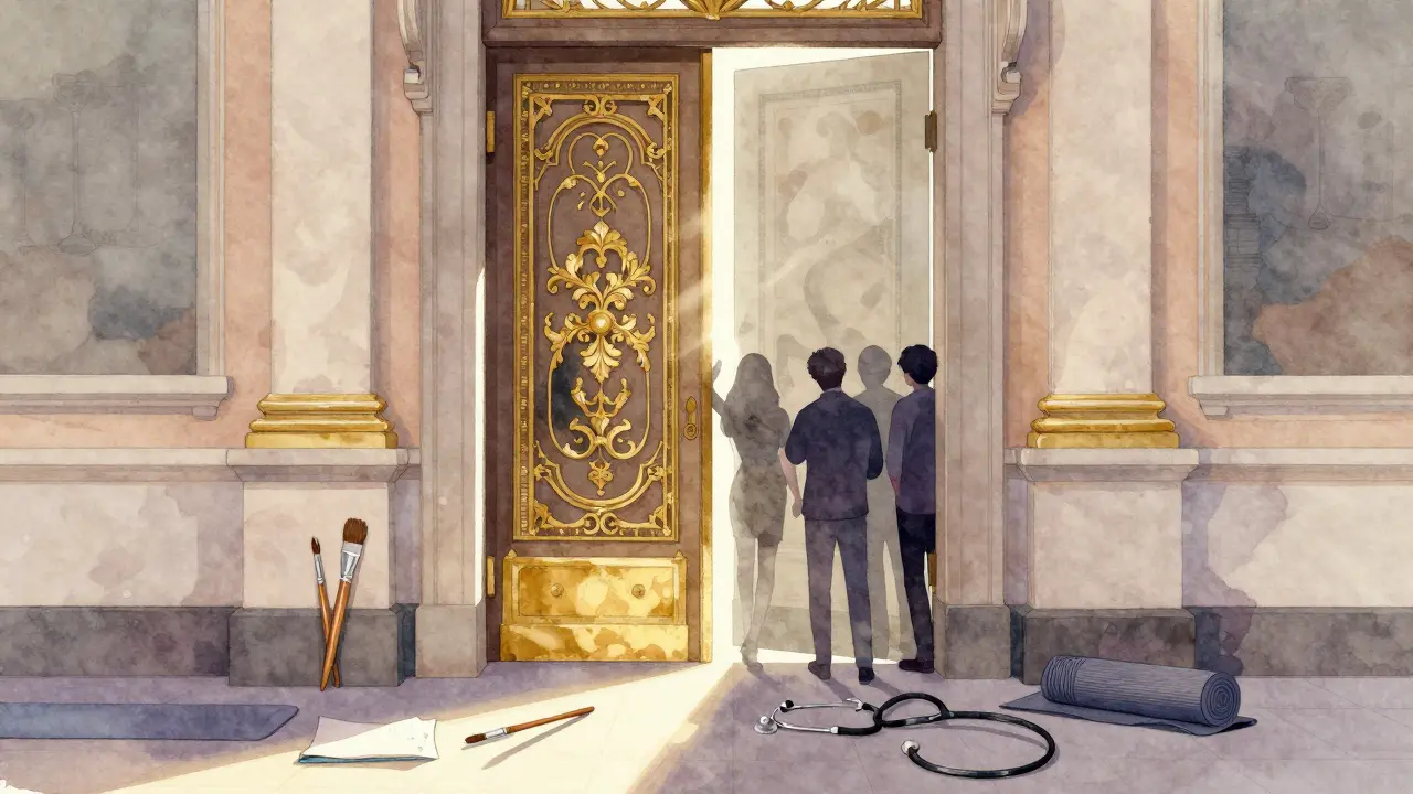 Closed doors with silhouettes of diverse individuals emerging, symbolizing hidden lives beyond societal judgment.