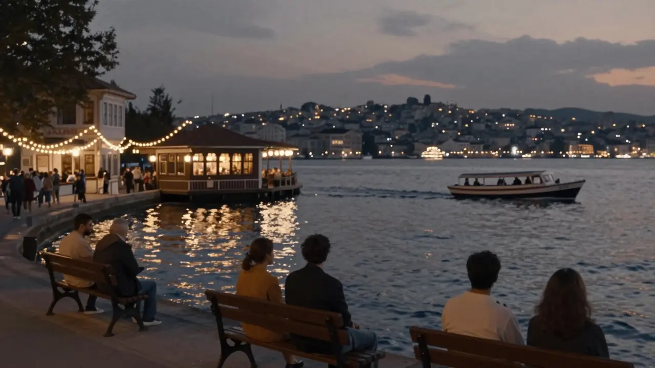 Couples sitting on benches by the water at Ortaköy, watching lights shimmer on the Golden Horn at dusk.
