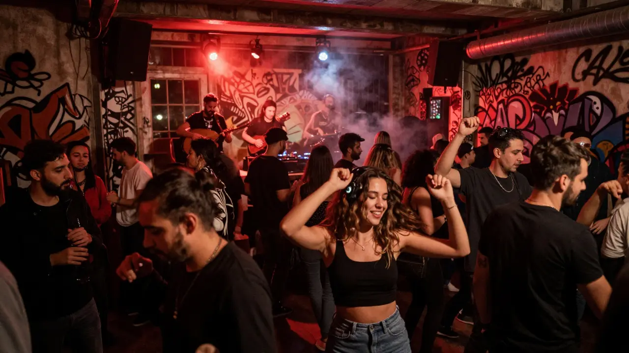 Crowd dancing in a graffiti-covered warehouse club with live music blending traditional and modern beats.