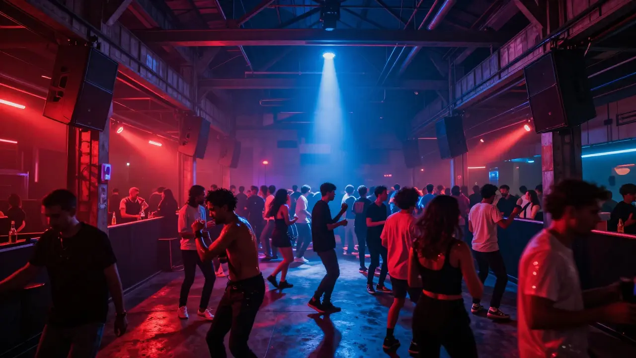Crowd dancing in a massive warehouse club under pulsing lights, bass vibrations felt through the air, pure music immersion.