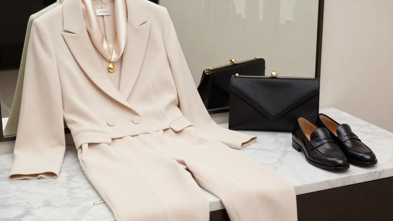 Curated luxury wardrobe with silk, gold jewelry, and polished shoes on marble vanity, no logos.