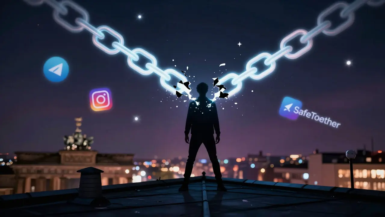 Digital chain breaking above a silhouette on a Berlin rooftop with app icons floating nearby.