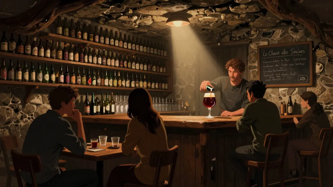 Dim basement beer bar with hundreds of bottles and a bartender pouring a dark ale.