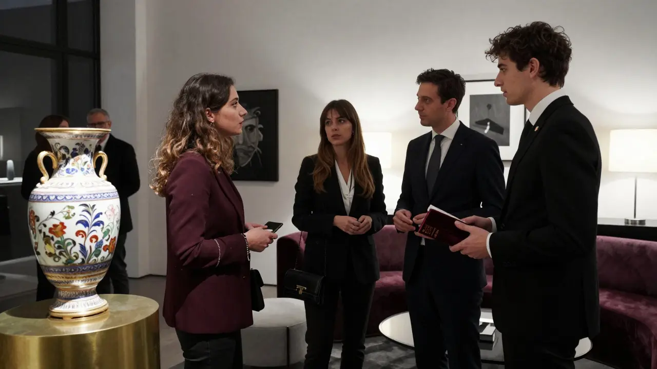 Diverse clients and companions engaging in quiet conversation at a design week VIP lounge.