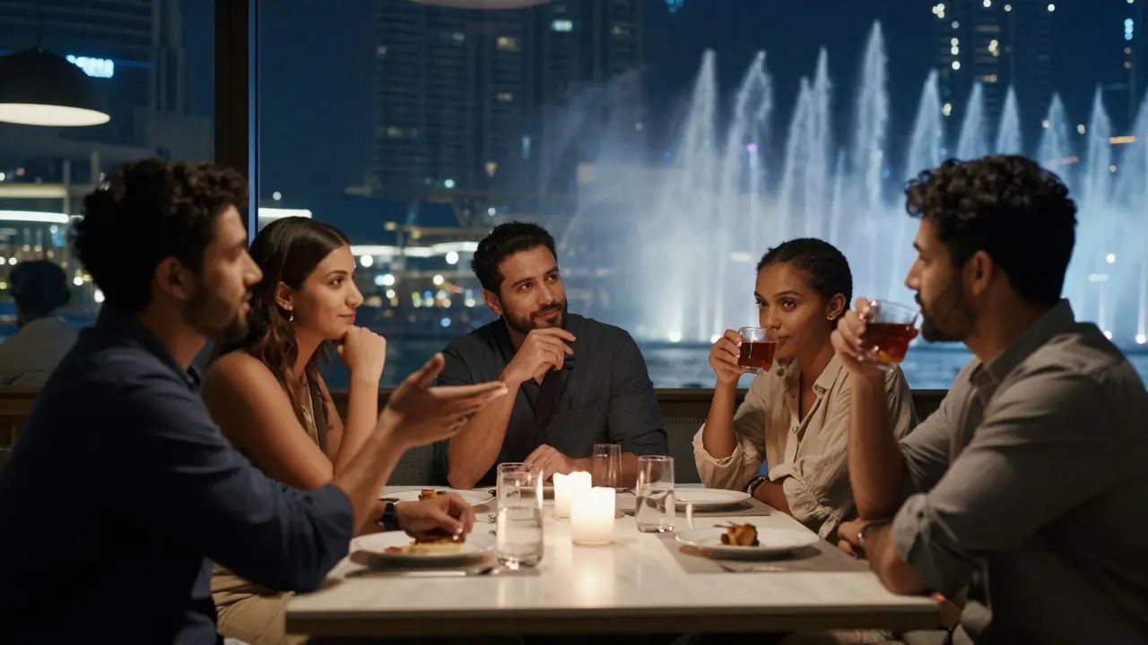 Diverse companions engaged in deep, quiet conversation at a upscale Dubai restaurant at night.