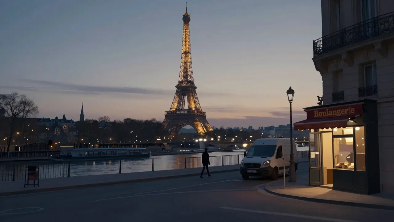 Empty Paris streets at dawn, the Eiffel Tower glowing softly as a lone figure walks by the Seine.