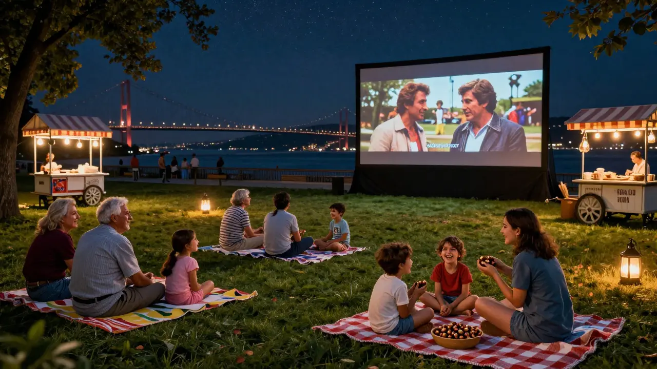 Families watching a movie outdoors in Beşiktaş Park under the stars, with the Bosphorus Bridge glowing behind them.