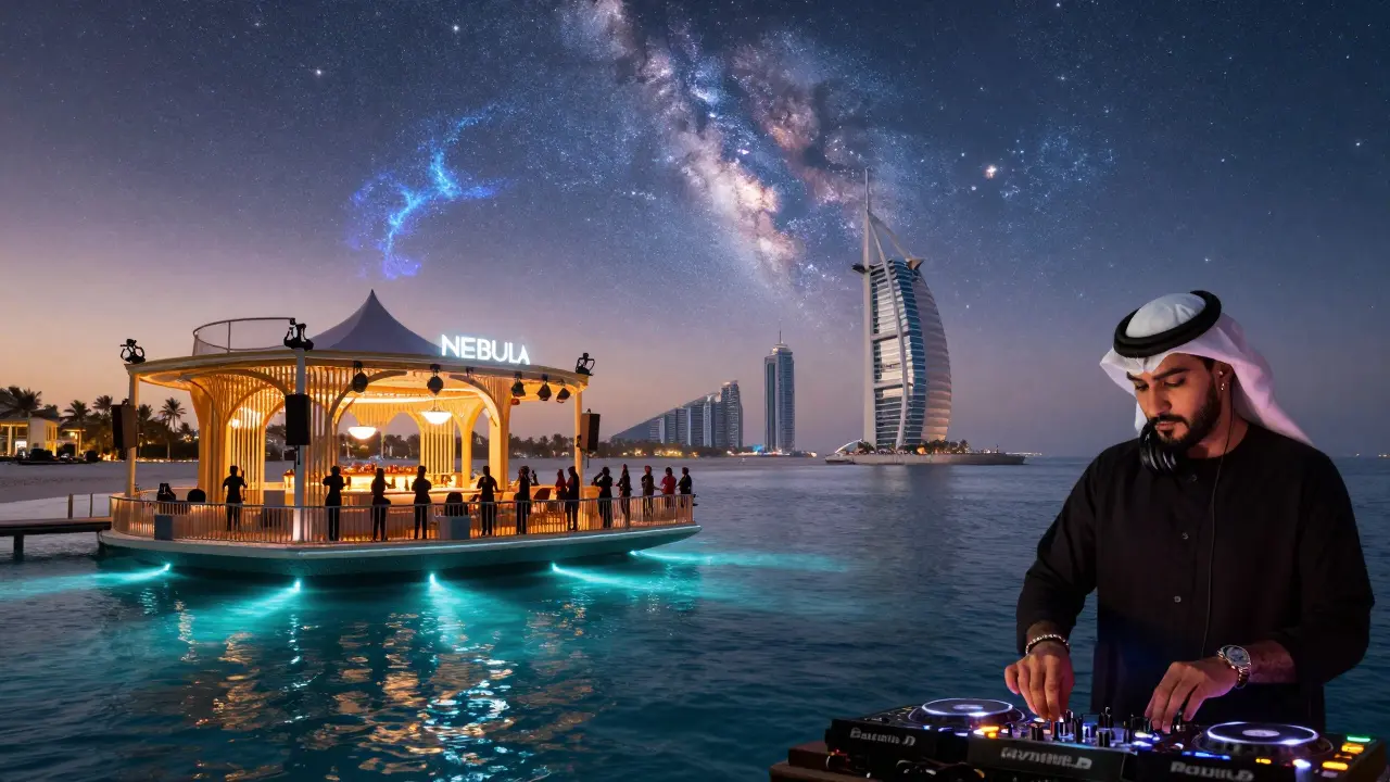 Floating nightclub on Palm Jumeirah at dawn with Milky Way projections and DJ performing.