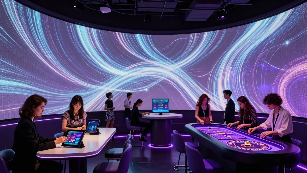 Futuristic casino with digital displays and holographic lighting in a modern setting.