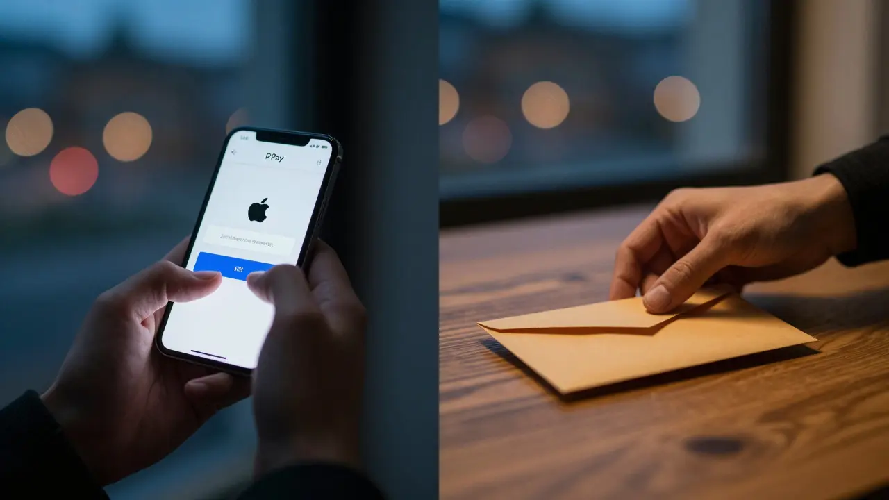 Hand using smartphone for digital payment beside an empty envelope on a table.