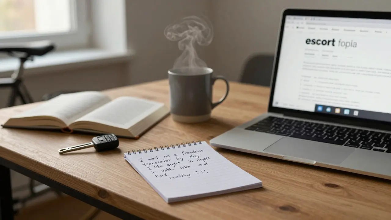 Handwritten note and laptop showing a personal escort bio on a wooden table with mug and book.