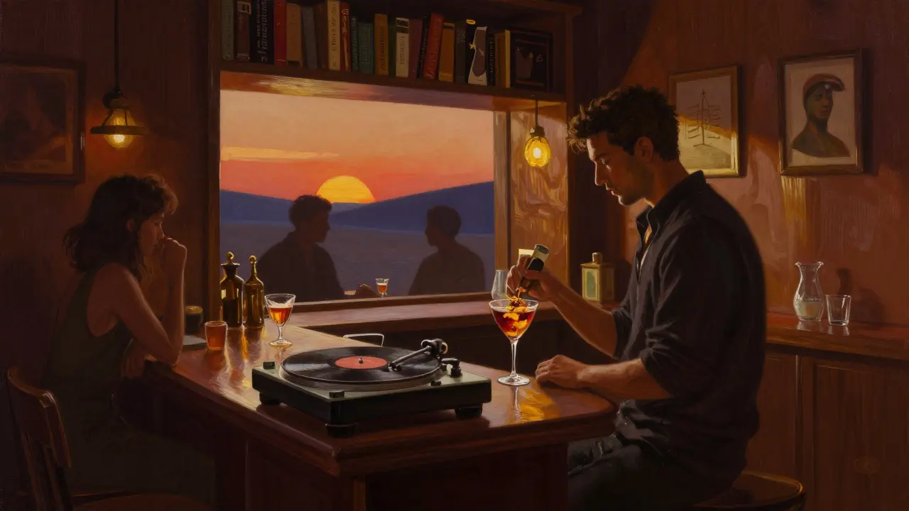 Hidden speakeasy with vintage turntable, bartenders crafting cocktails in dim amber lighting.
