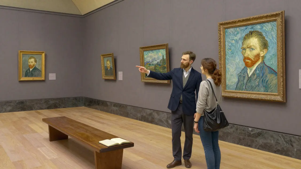 Inside the Musée d’Orsay, a companion points out Van Gogh's painting as the traveler listens intently in the quiet gallery.