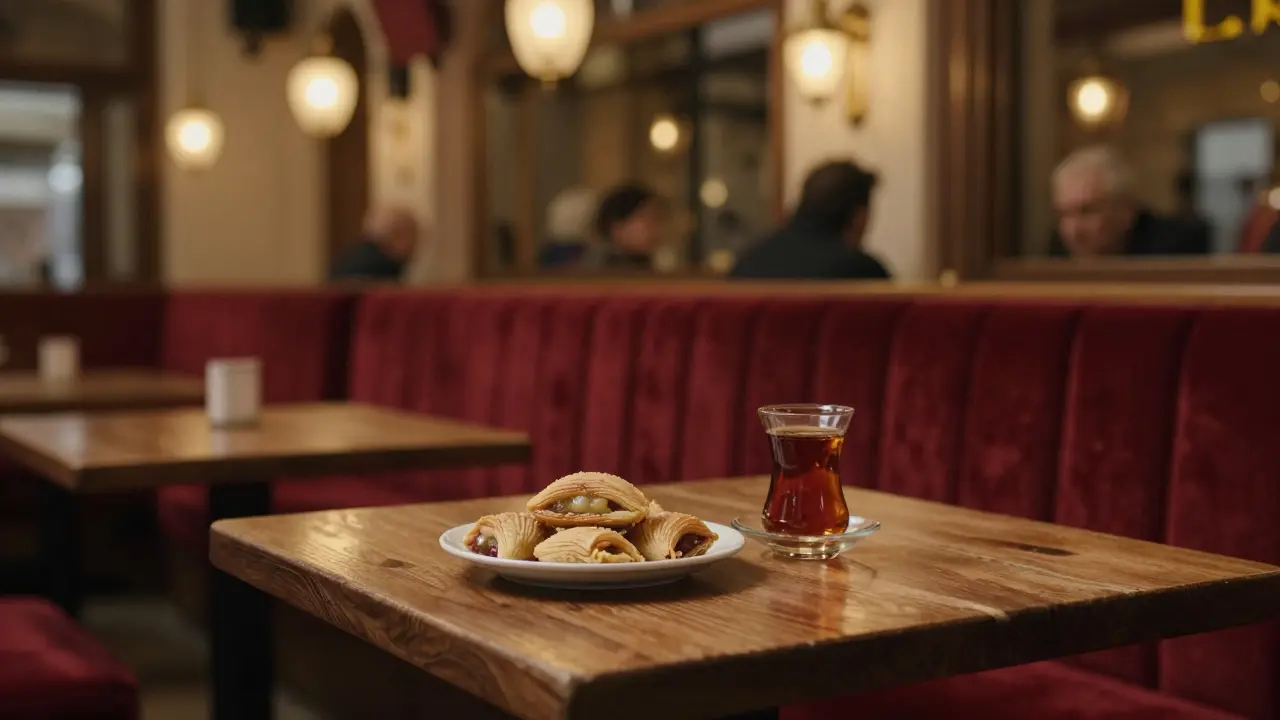 Interior of Çiçek Pasajı with velvet booths, brass chandeliers, and a glass of raki with tea.