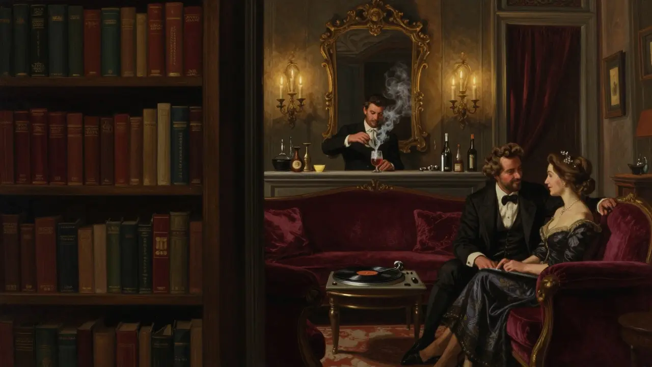 Intimate hidden lounge behind a bookshelf with velvet couches, candlelight, and a bartender mixing cocktails.