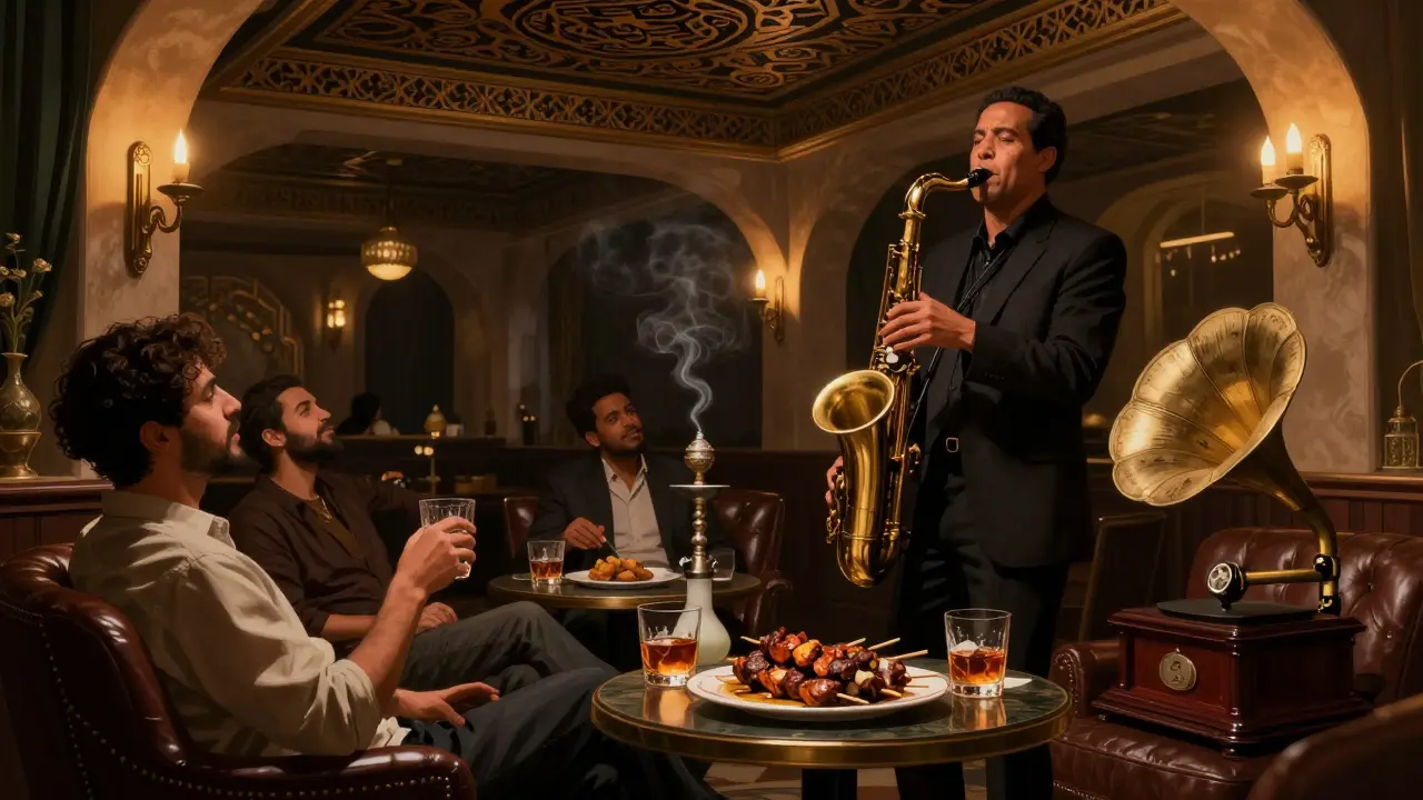 Intimate jazz club with saxophonist playing, patrons sipping bourbon in warm candlelight.