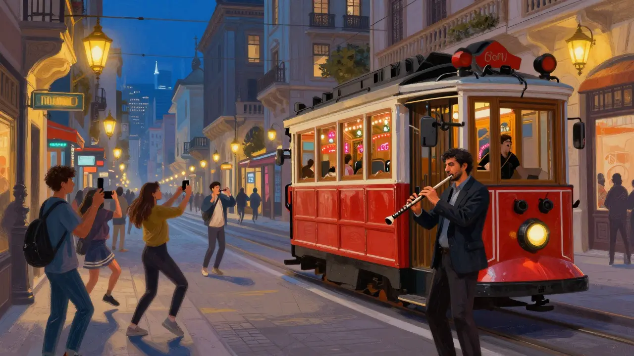 İstiklal Avenue at midnight with a street musician playing ney flute and people dancing nearby.