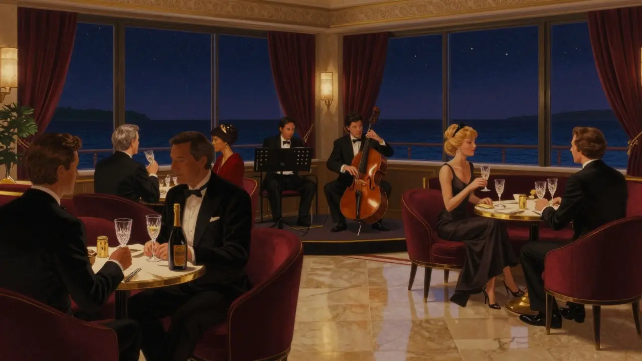 Jazz performance at Yacht Club lounge with patrons in formal attire, vintage champagne flutes, starlit sea through large windows.