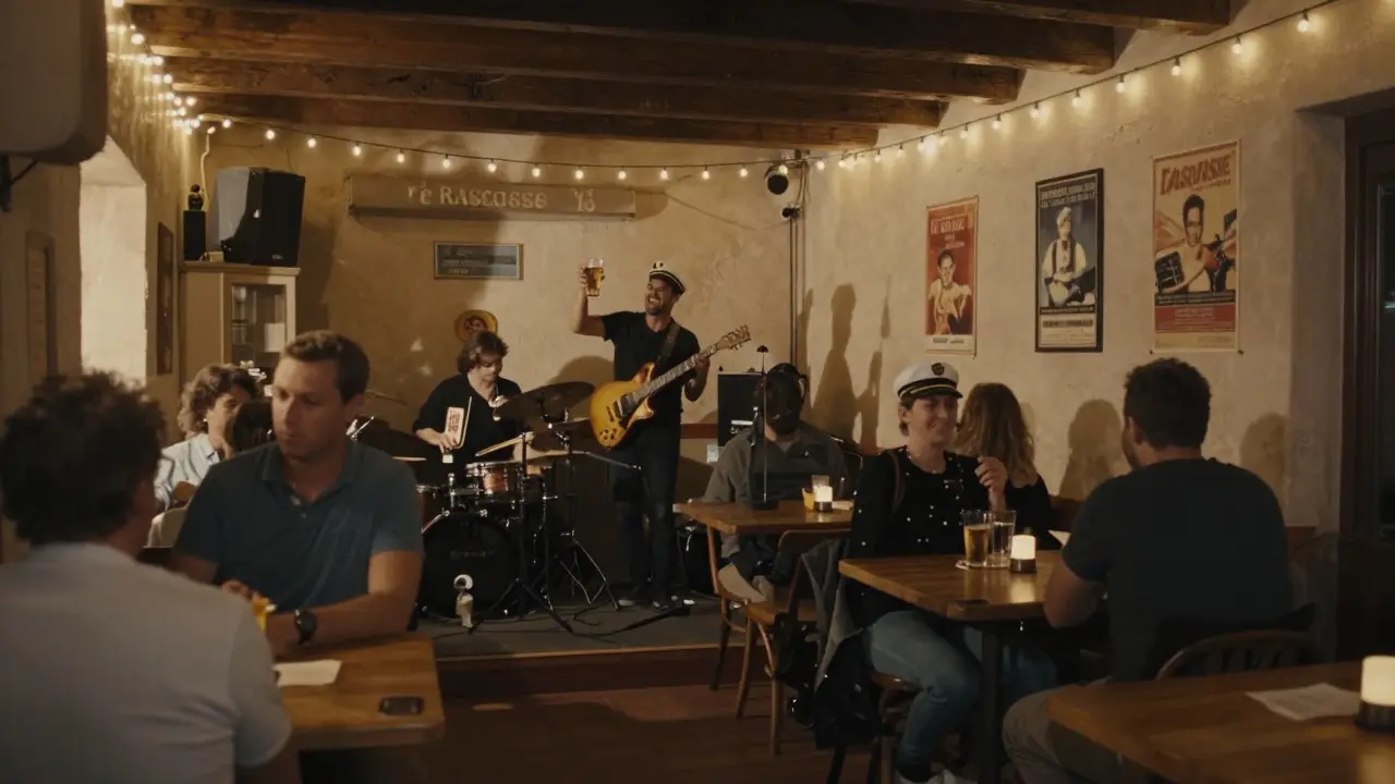 Local band playing disco-funk in Le Rascasse, cozy old town bar with warm lighting and patrons enjoying drinks.